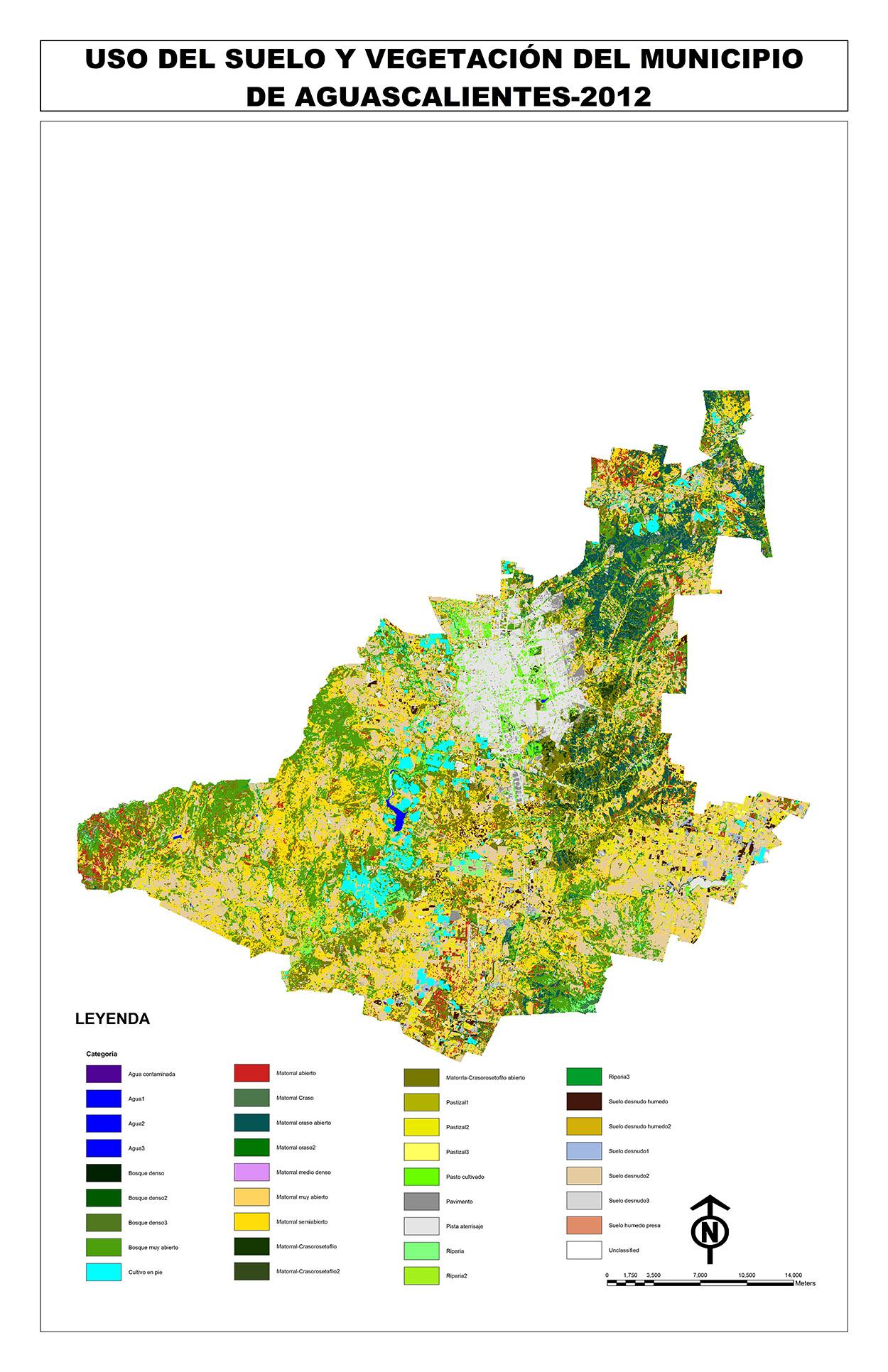 Figura 2. Imagen que muestra las áreas verdes detectadas dentro de la ciudad de Aguascalientes y su ámbito